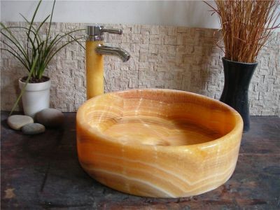 WPB0141 Round Countertop Basin With Overflow Luxury Yellow Onyx Wash Basins