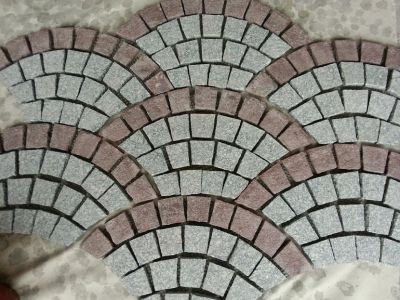 WP-MBP033 Fan Shape Mesh Backed Cobble Stone Red And Grey Granite Pavers