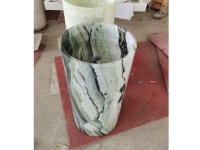 WP-PDS27 Green Marble Small Round Pedestal Sink In Bathroom