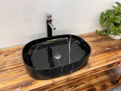 WPB184 Marquina Black Marble Natural Stone Countertop Basin Oval Shape