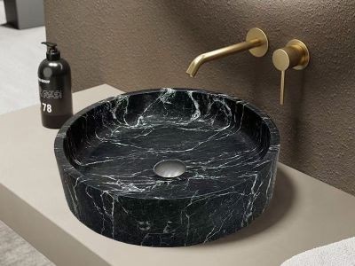 WPB203 Black Marble Black Stone Big Round Countertop Basin