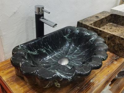 WPB227 Hand Curved Durable Black Green Marble Wash Basin For Bathroom