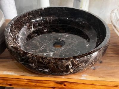 WPB254 Black Emperador Dark Brown Marble  Round Wash Basin